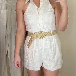 Linen White Halter Romper with Woven Belt